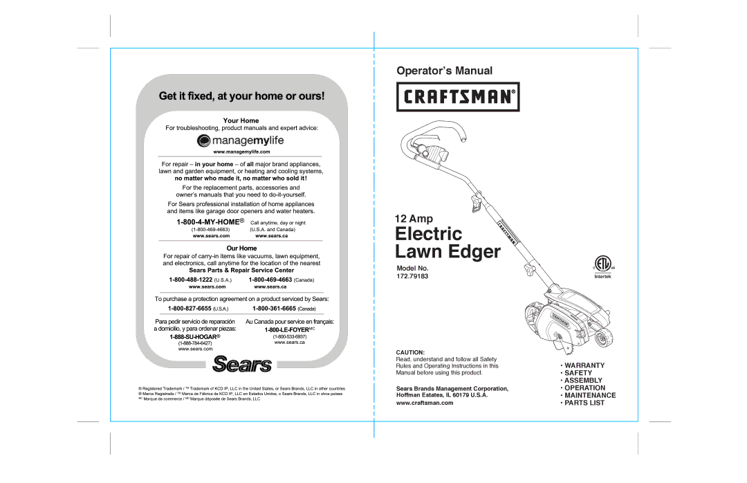 Sears 172.79183 warranty Electric Lawn Edger 