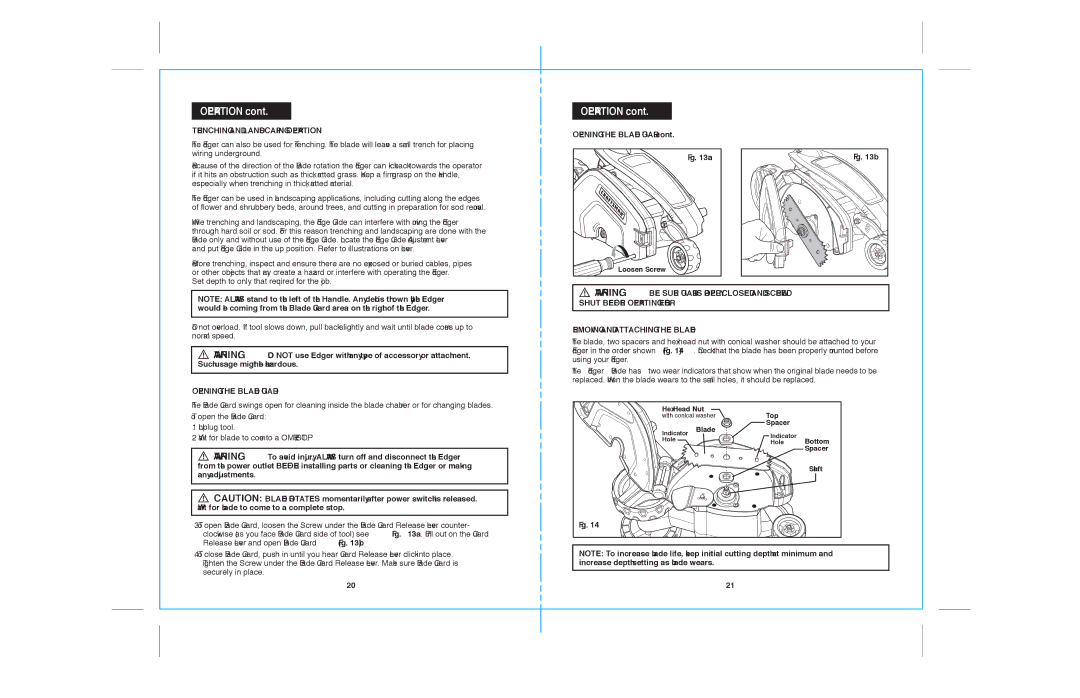 Sears 172.79183 warranty Trenching and Landscaping Operation, Opening the Blade Guard, Removing and Attaching the Blade 