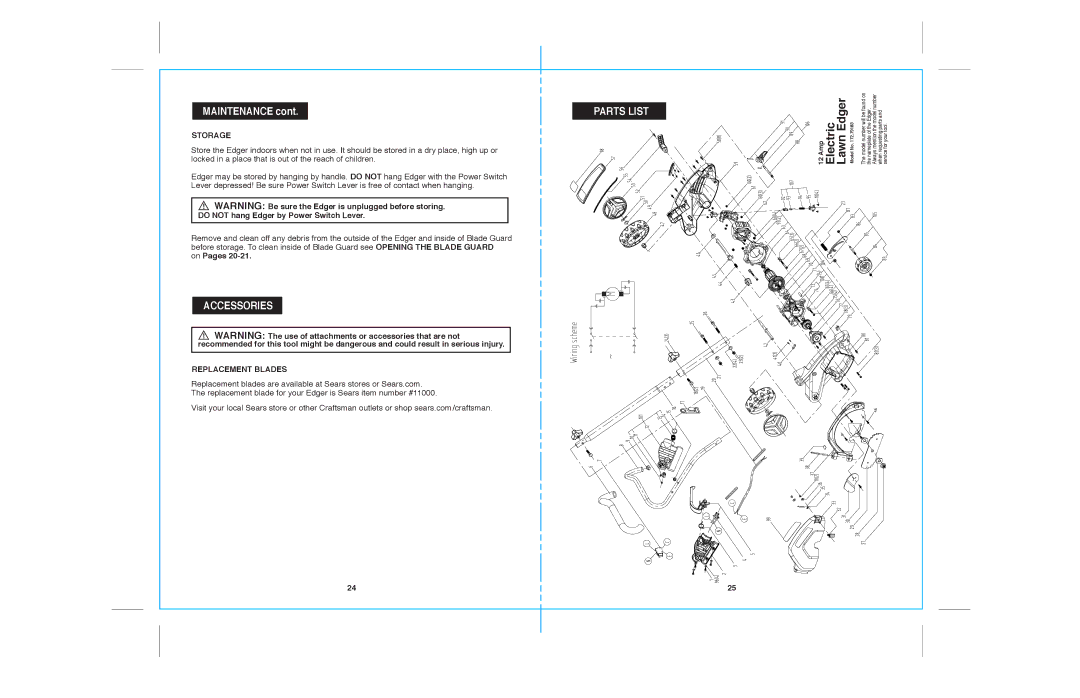 Sears 172.79183 warranty Parts List, Accessories, Storage, On Pages, Replacement Blades 