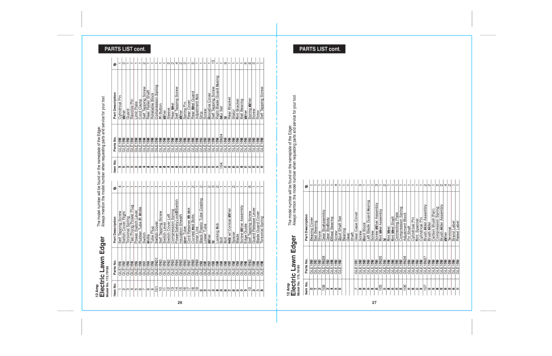 Sears 172.79183 warranty Electric Lawn Edger, Parts List 
