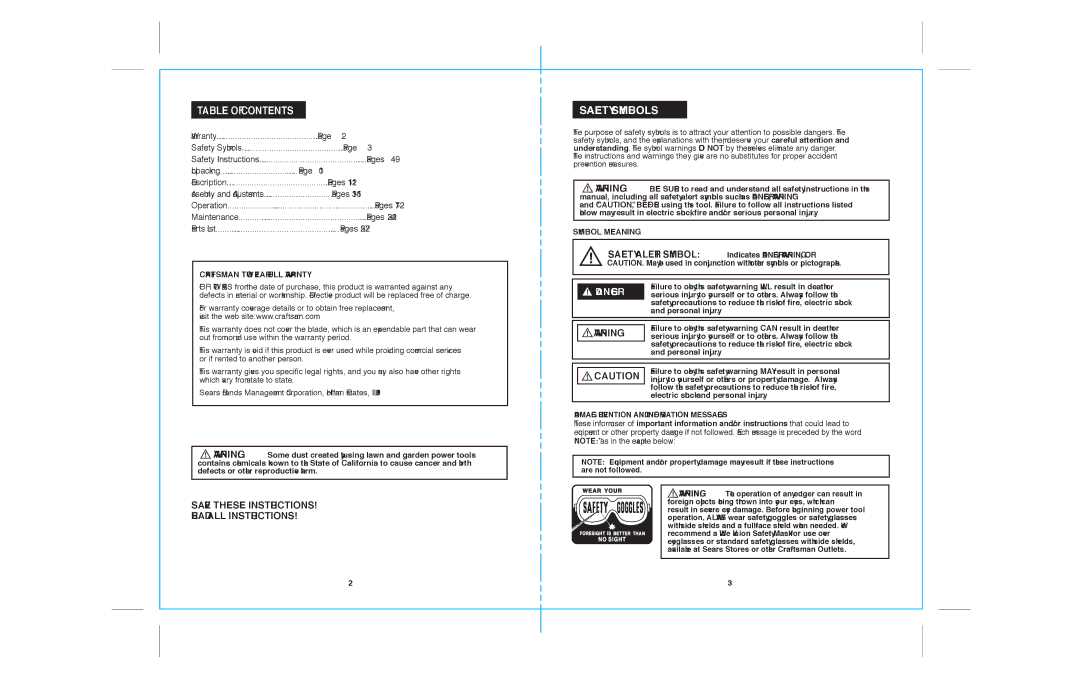 Sears 172.79183 warranty Safety Symbols, Table of Contents 