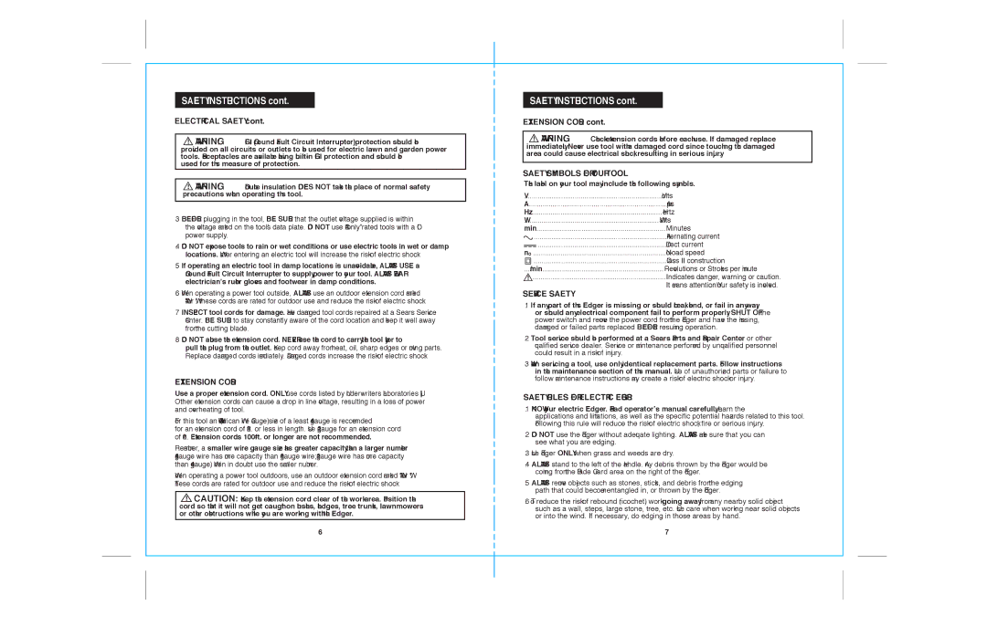 Sears 172.79183 warranty Electrical Safety, Extension Cords, Safety Symbols for Your Tool, Safety Rules for Electric Edgers 