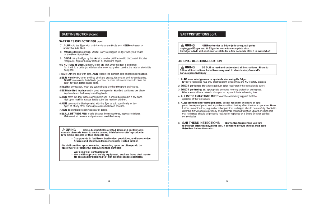 Sears 172.79183 warranty Safety Rules for Electric Edgers, Additional Rules for Safe Operation 