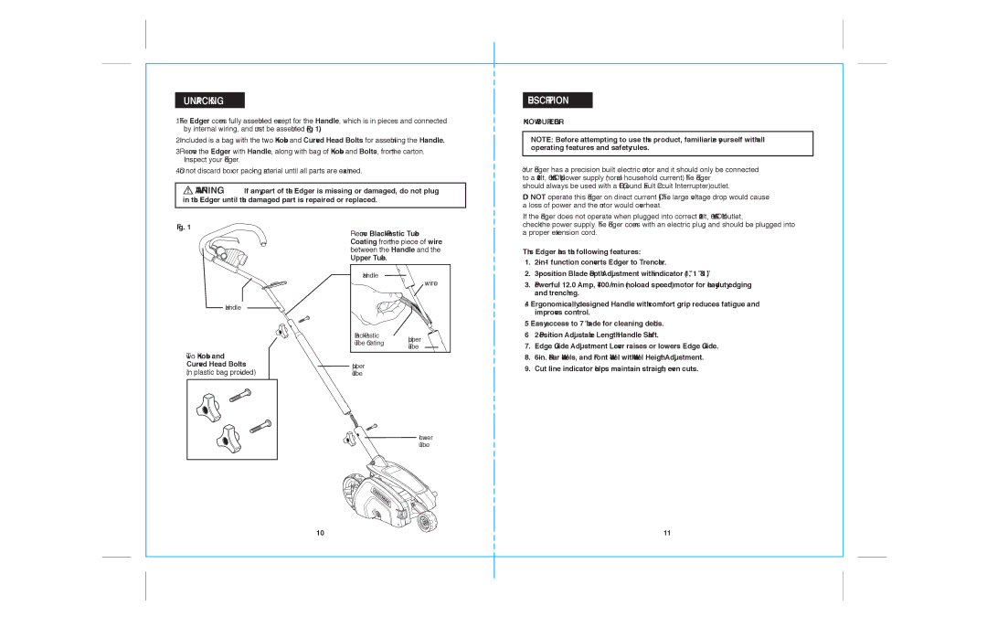 Sears 172.79183 warranty Unpacking, Description, Know Your Edger, Two Knobs Curved Head Bolts 