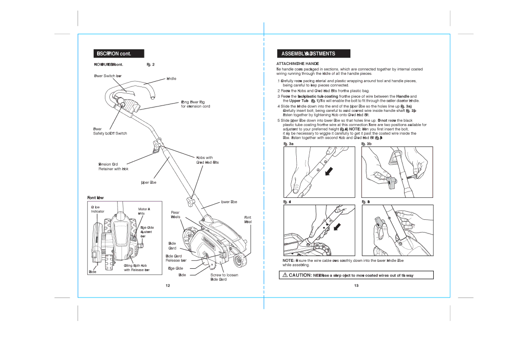 Sears 172.79183 warranty Description, Assembly & Adjustments, Front View, Know Your Edger cont. Fig, Attaching the Handle 