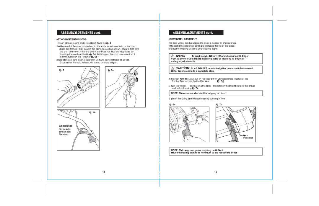 Sears 172.79183 warranty Assembly & Adjustments, Completed, Attaching Extension Cord, Cutting Depth Adjustment 