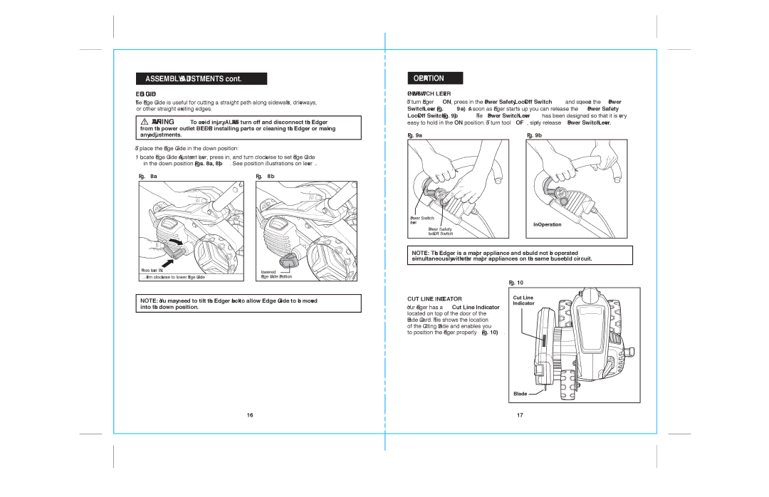 Sears 172.79183 warranty Operation, Edge Guide, Power Switch Lever, CUT Line Indicator 