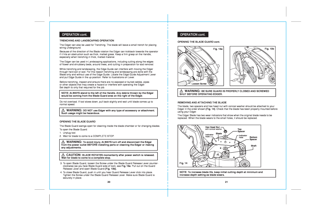 Sears 172.79183 warranty OPERATION cont, Trenching And Landscaping Operation 