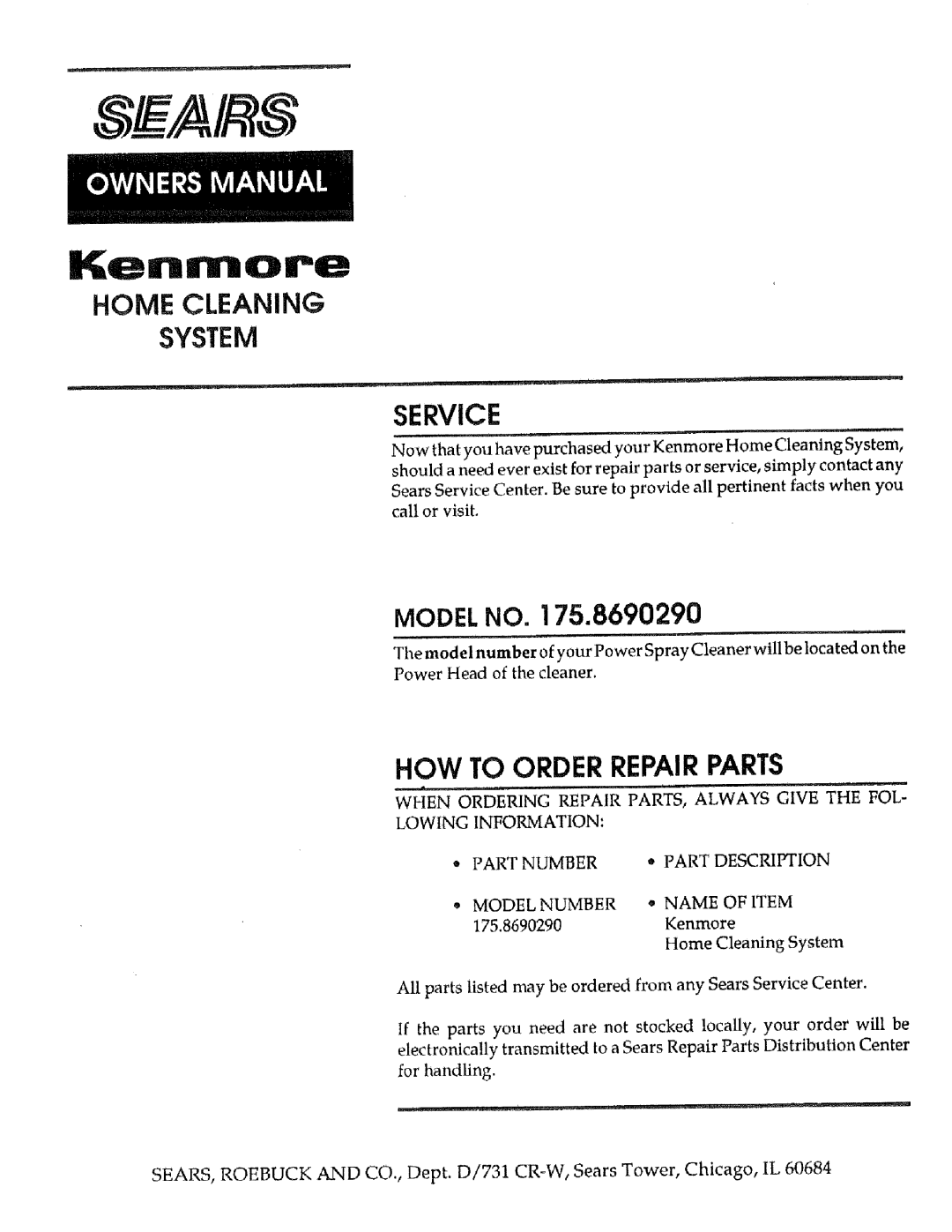 Sears 175, 8690290 manual Kenmore 