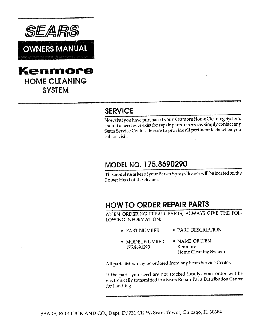Sears 175 manual Model No, All parts listed may be ordered from any Sears Service Center, Kenmore, How To Orderrepairparts 