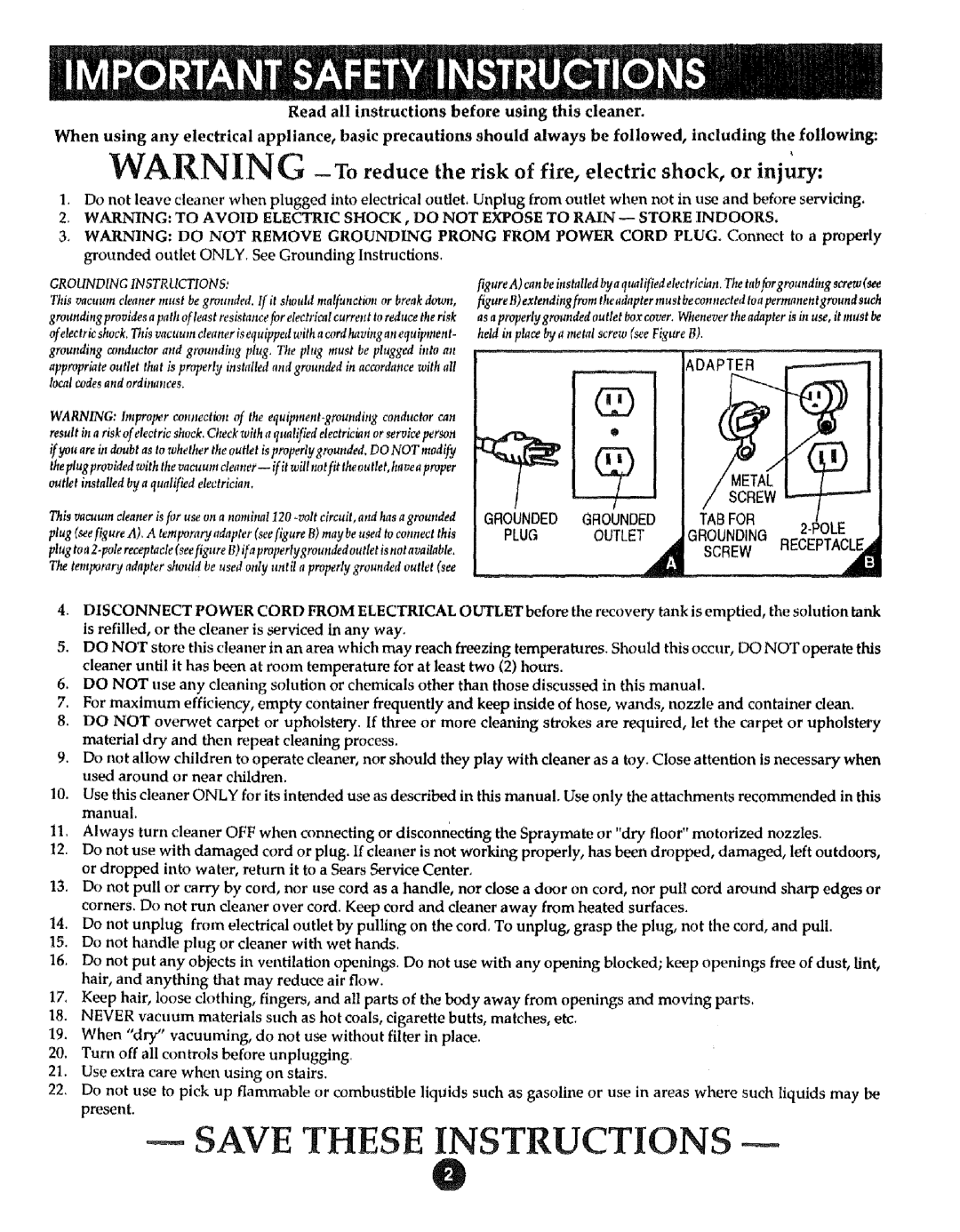 Sears 175, 8690290 manual Save These Instructions, WARNING -To reduce the risk of fire, electric shock, or injury 