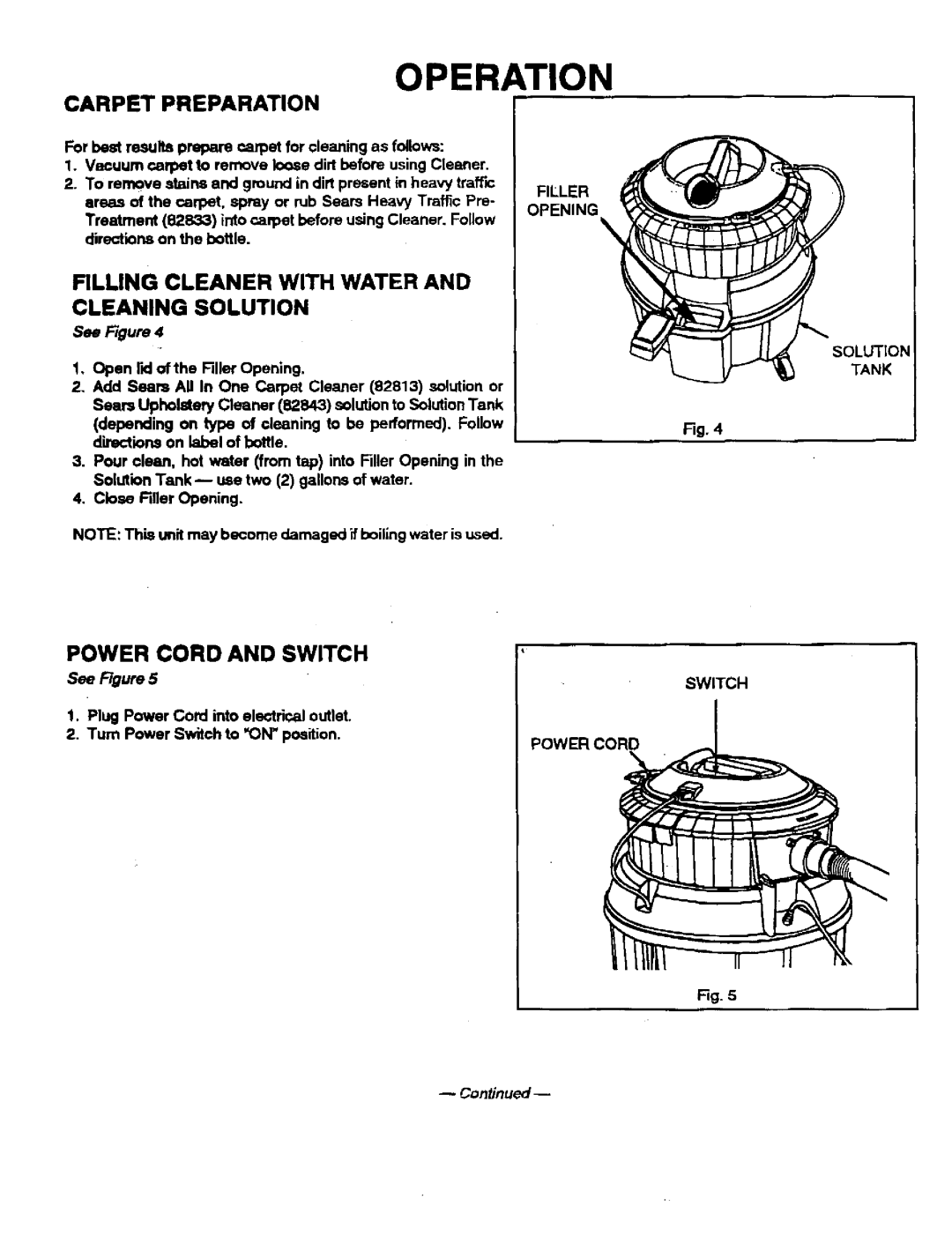 Sears 175.867029 owner manual Operation, Carpet Preparation, Filling Cleaner with Water Cleaning Solution 