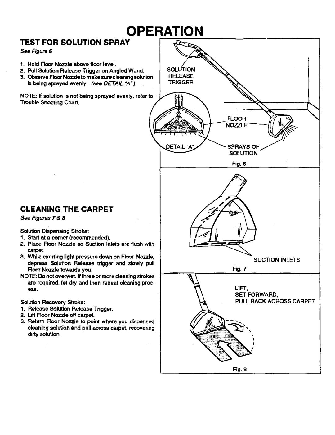 Sears 175.867029 owner manual Test for Solution Spray, Cleaning the Carpet 