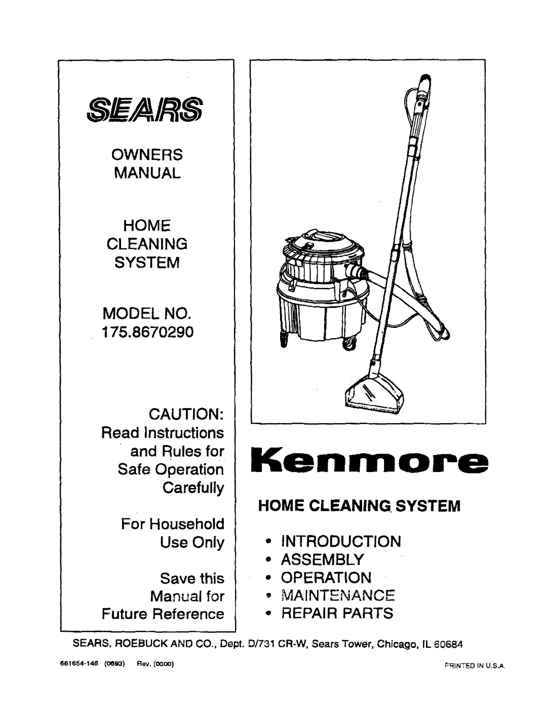 Sears owner manual Owners Manual Home Cleaning System, Model No, 175.8670290, Home Cleaning. System, For Household 
