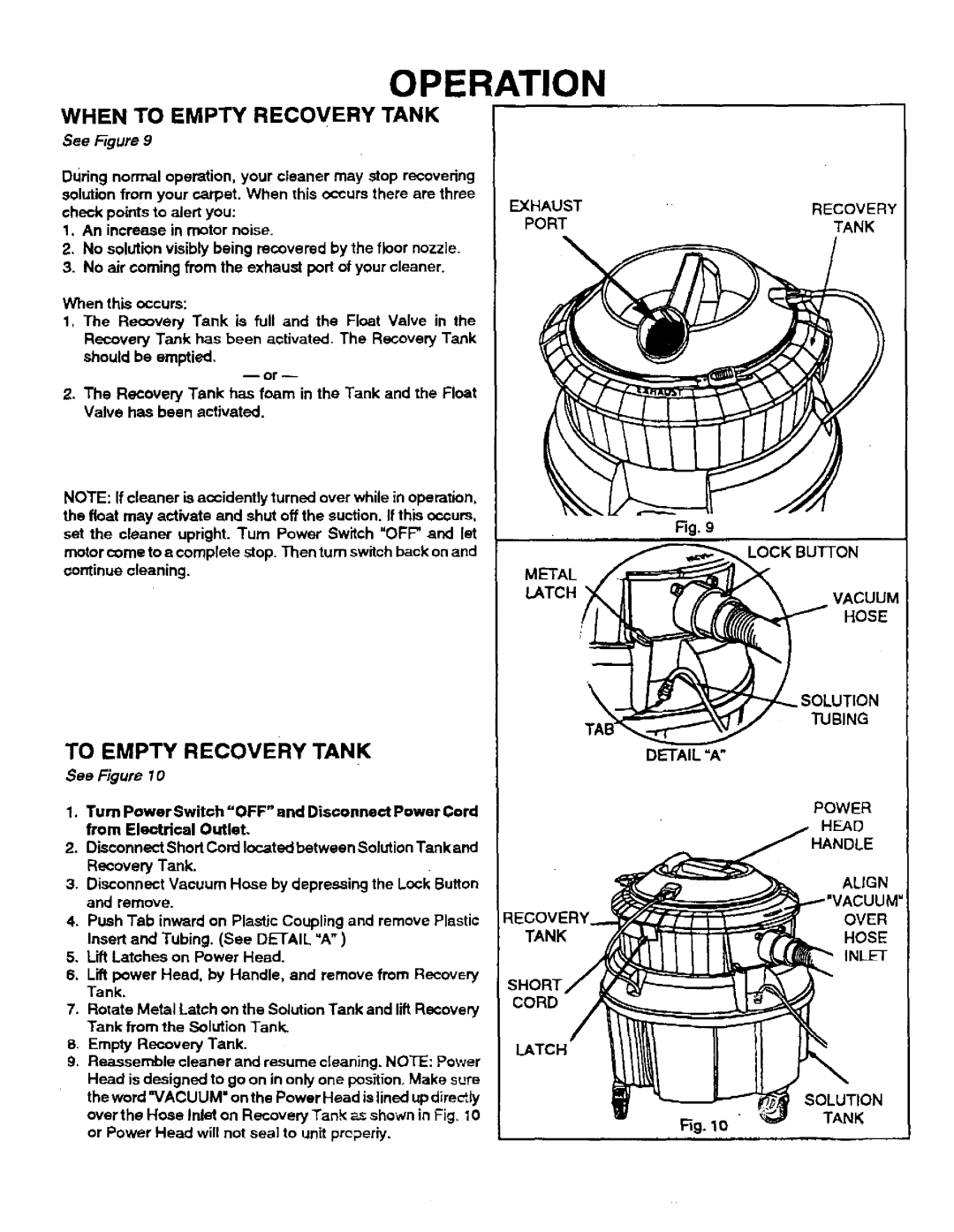 Sears 175.867029 owner manual When To Empty Recovery Tank, Operation, See Figure, Power 