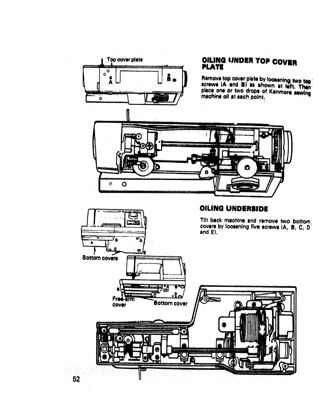 Sears 17842, 17892, 17840, 17891, 17871, 17651, 17832, 17831, 17843, 17830 manual Oiling Under TOP Cover Plate, Oiling UNDERilDE 