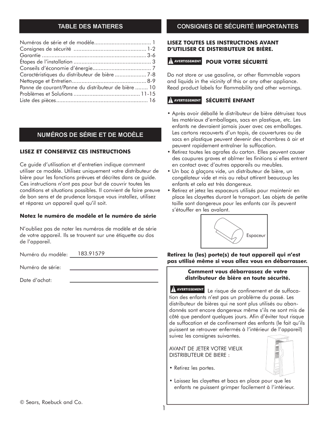 Sears 183.91579 manual Table DES Matieres Consignes DE Sécurité Importantes, Numéros DE Série ET DE Modèle 