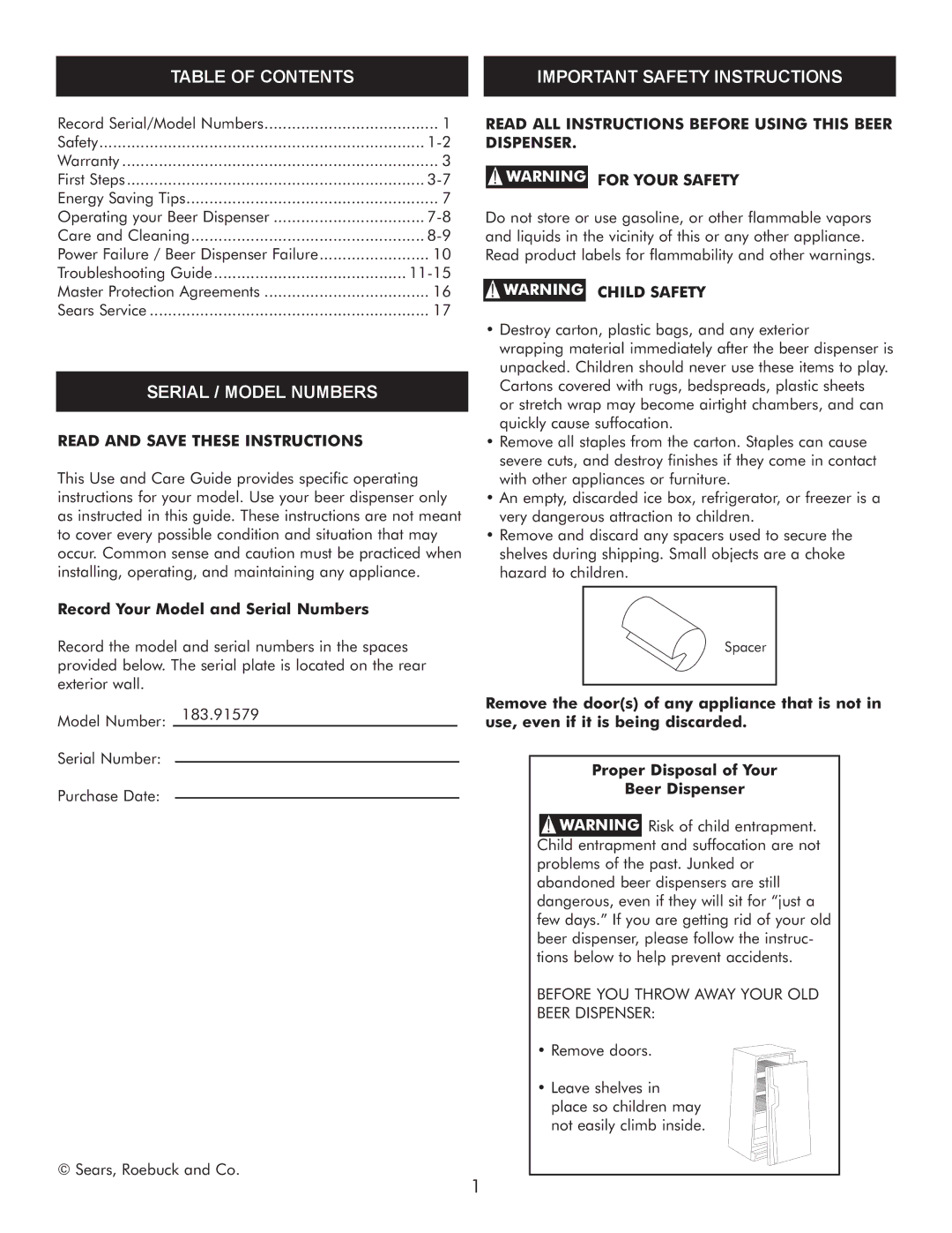 Sears 183.91579 manual Table of Contents IMPORTANT SAFETY INSTRUCTIONS, Serial / Model Numbers 