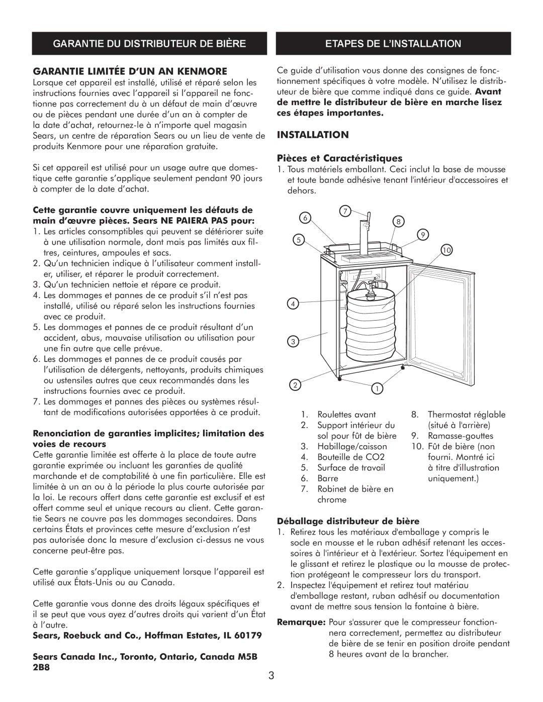 Sears 183.91579 Garantie DU Distributeur DE Bière Etapes DE L’INSTALLATION, Garantie Limitée D’UN AN Kenmore, Installation 