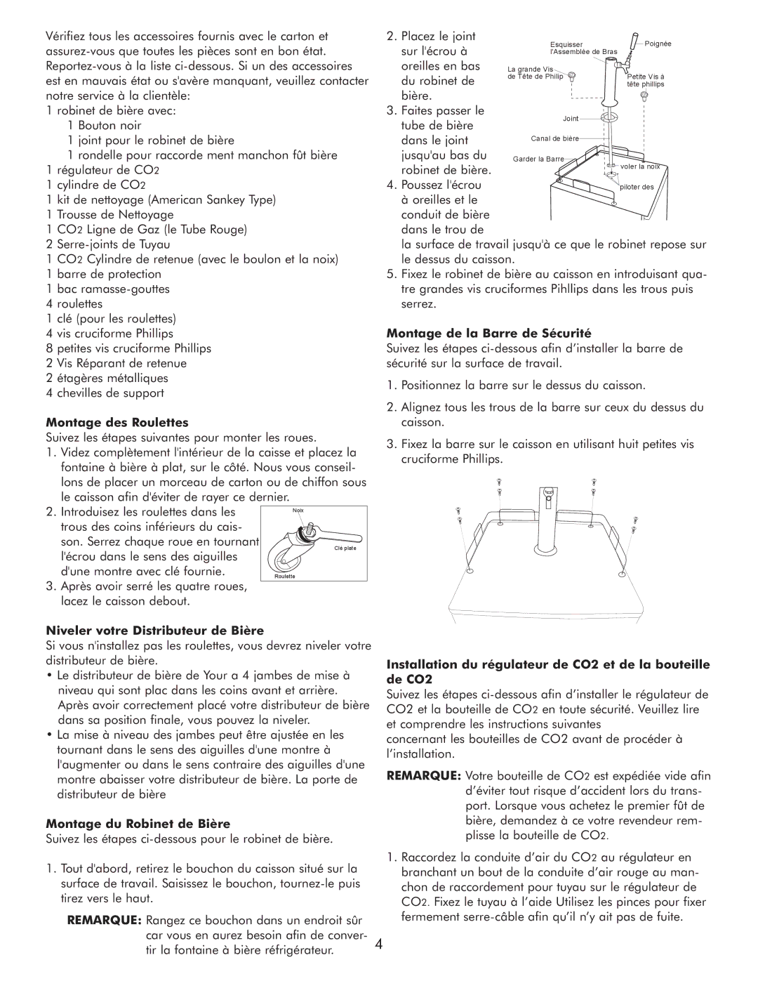 Sears 183.91579 manual Montage des Roulettes, Niveler votre Distributeur de Bière, Montage du Robinet de Bière 