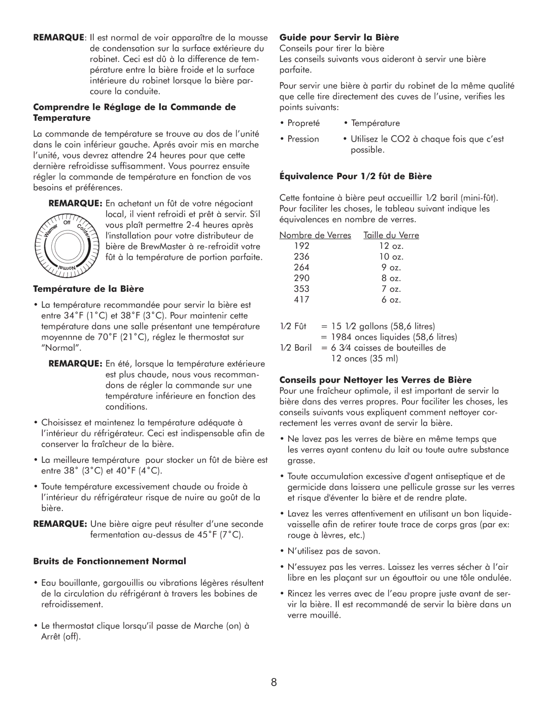 Sears 183.91579 manual Comprendre le Réglage de la Commande de Temperature, Température de la Bière 