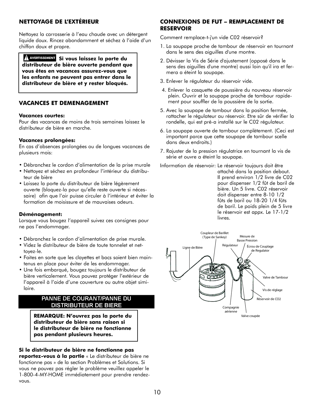 Sears 183.91579 manual Nettoyage DE L’EXTÉRIEUR, Vacances ET Demenagement, Panne DE COURANT/PANNE DU Distributeur DE Biere 