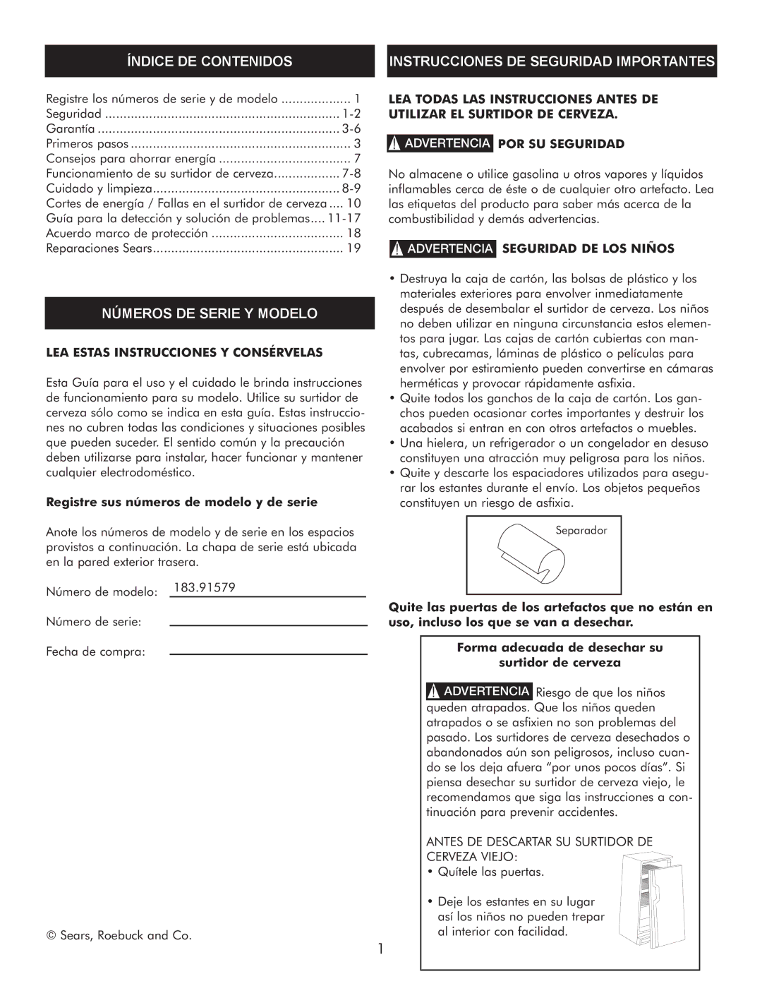 Sears 183.91579 manual Índice DE Contenidos, Números DE Serie Y Modelo, Registre sus números de modelo y de serie 