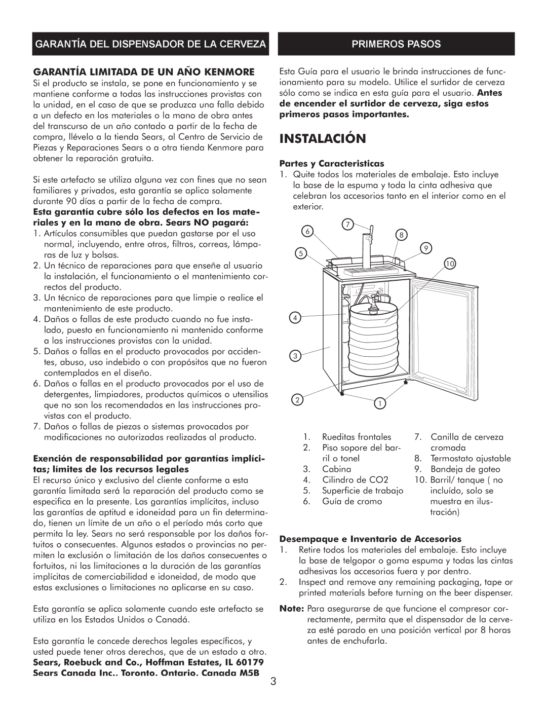 Sears 183.91579 manual Garantía DEL Dispensador DE LA Cerveza Primeros Pasos, Garantía Limitada DE UN AÑO Kenmore 