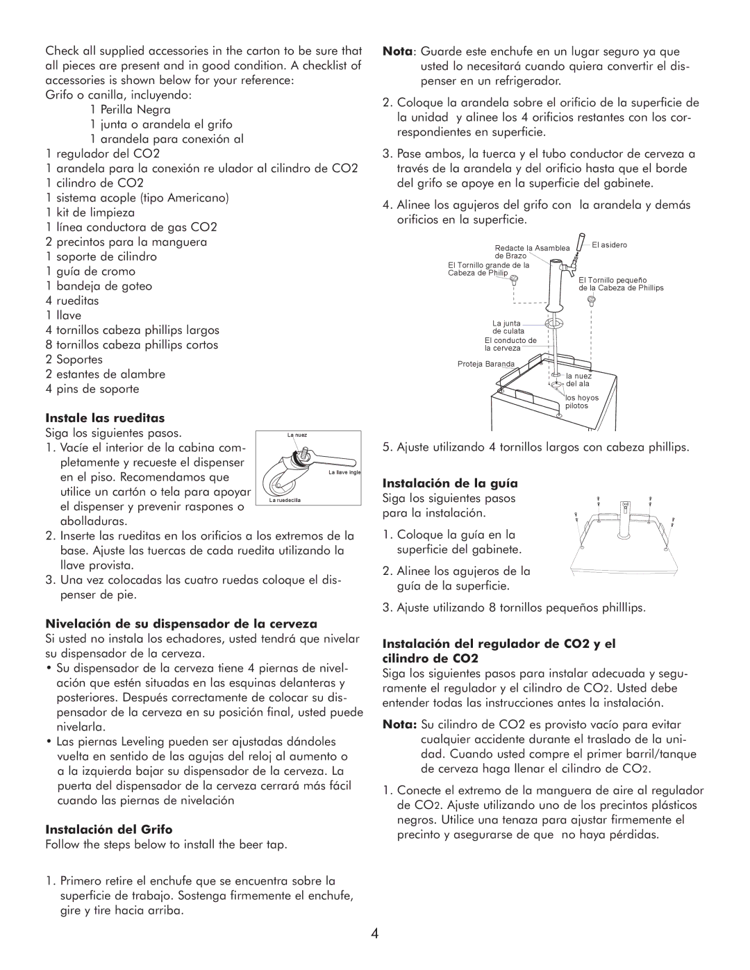 Sears 183.91579 manual Instale las rueditas Siga los siguientes pasos, Nivelación de su dispensador de la cerveza 