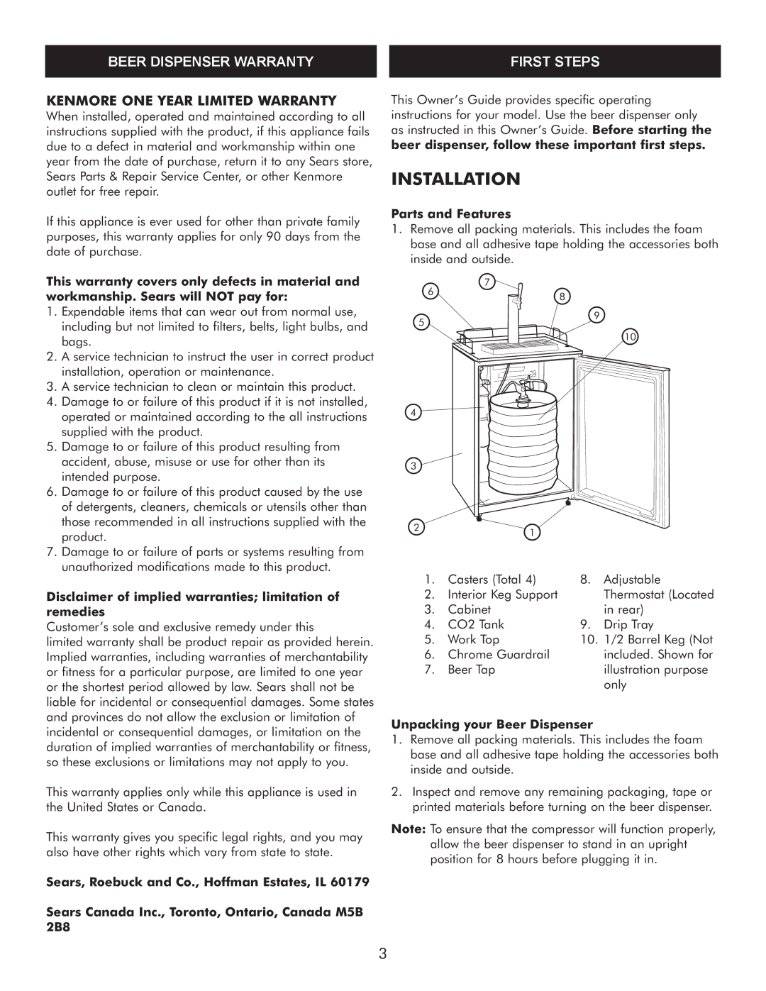 Sears 183.91579 manual Beer Dispenser Warranty First Steps, Kenmore ONE Year Limited Warranty, Parts and Features 