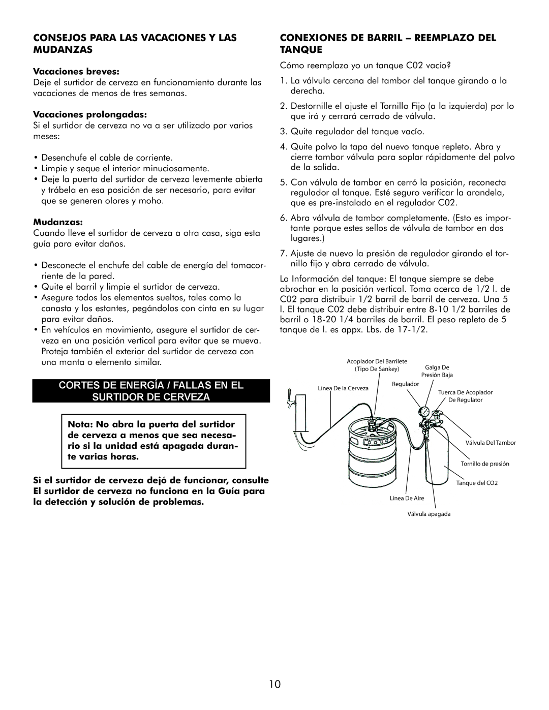 Sears 183.91579 manual Consejos Para LAS Vacaciones Y LAS Mudanzas, Cortes DE Energía / Fallas EN EL Surtidor DE Cerveza 