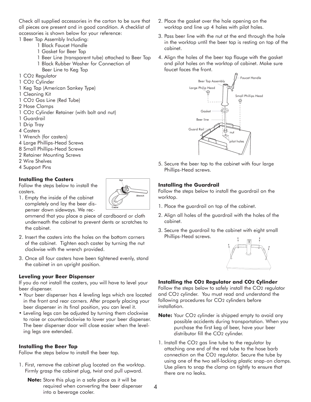 Sears 183.91579 Installing the Casters, Installing the Guardrail, Leveling your Beer Dispenser, Installing the Beer Tap 