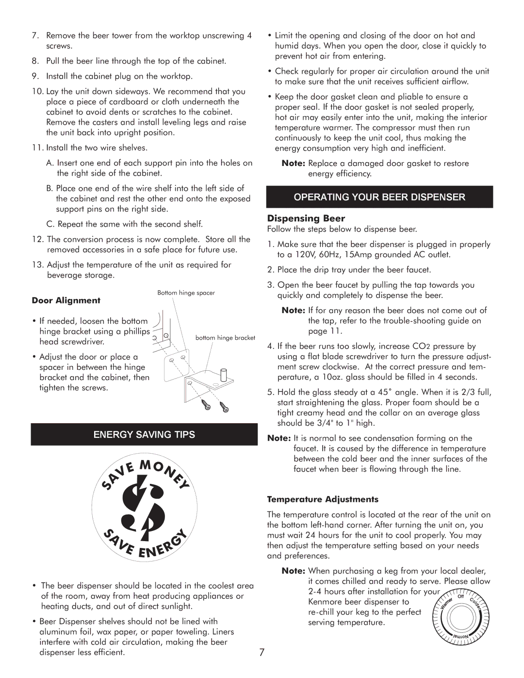 Sears 183.91579 manual Operating Your Beer Dispenser, Energy Saving Tips, Door Alignment, Temperature Adjustments 