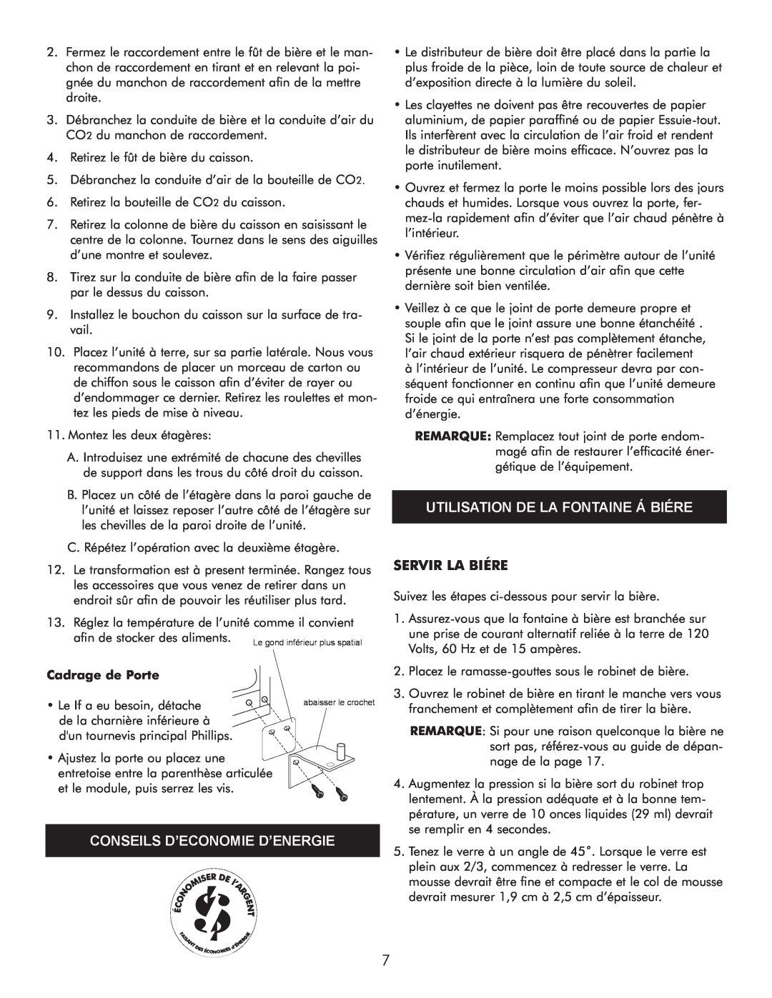 Sears 183.91579 manual Utilisation De La Fontaine Á Biére, Conseils D’Economie D’Energie, Servir La Biére, Cadrage de Porte 