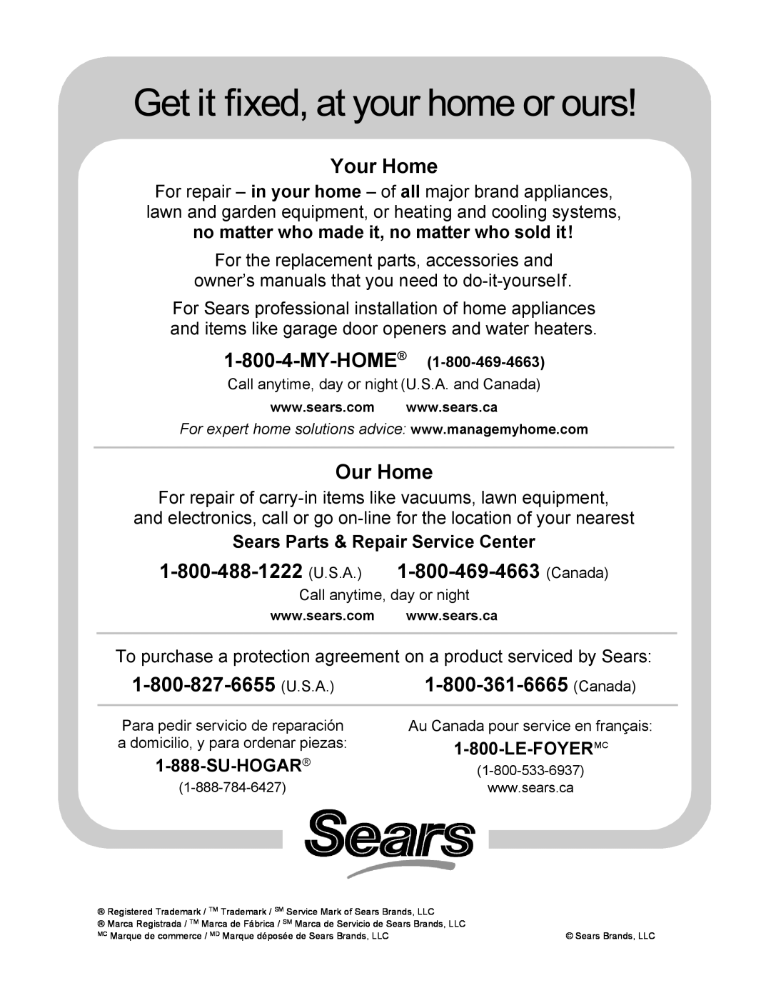 Sears 183.91579 manual Your Home, Our Home, Canada, Sears Parts & Repair Service Center, Su-Hogar, Le-Foyermc 