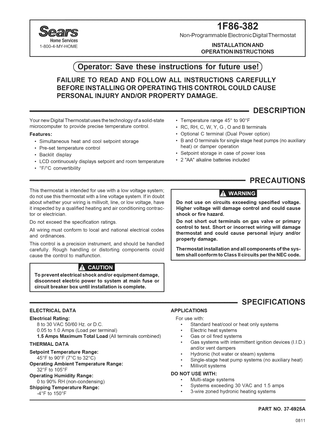 Sears 1F86-382 specifications Instructions for fu, DESCRiPTiON, Specifications 