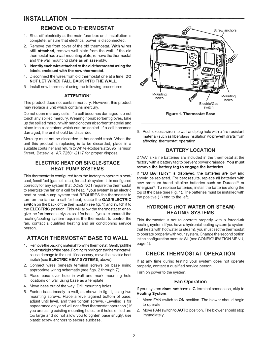 Sears 1F86-382 INSTALLATiON, Attach Thermostat Base to Wall, Hydronic HOT Water or Steam Heating Systems, Battery Location 