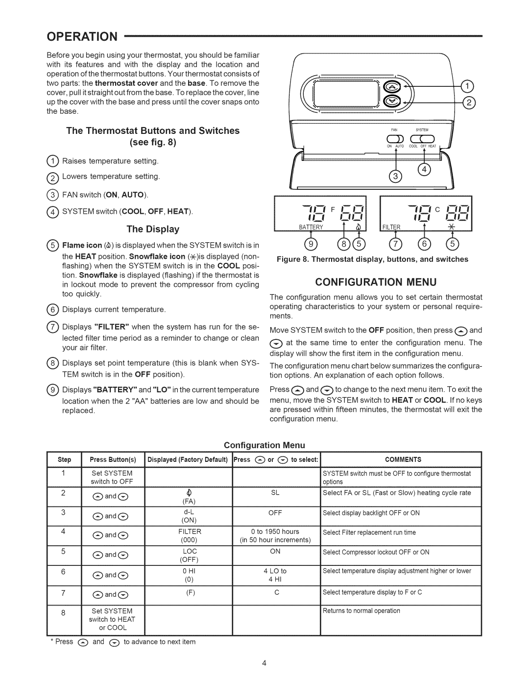 Sears 1F86-382 specifications Operation, Cz Ccd, Configuration Menu, Thermostat Buttons and Switches See fig, Display 