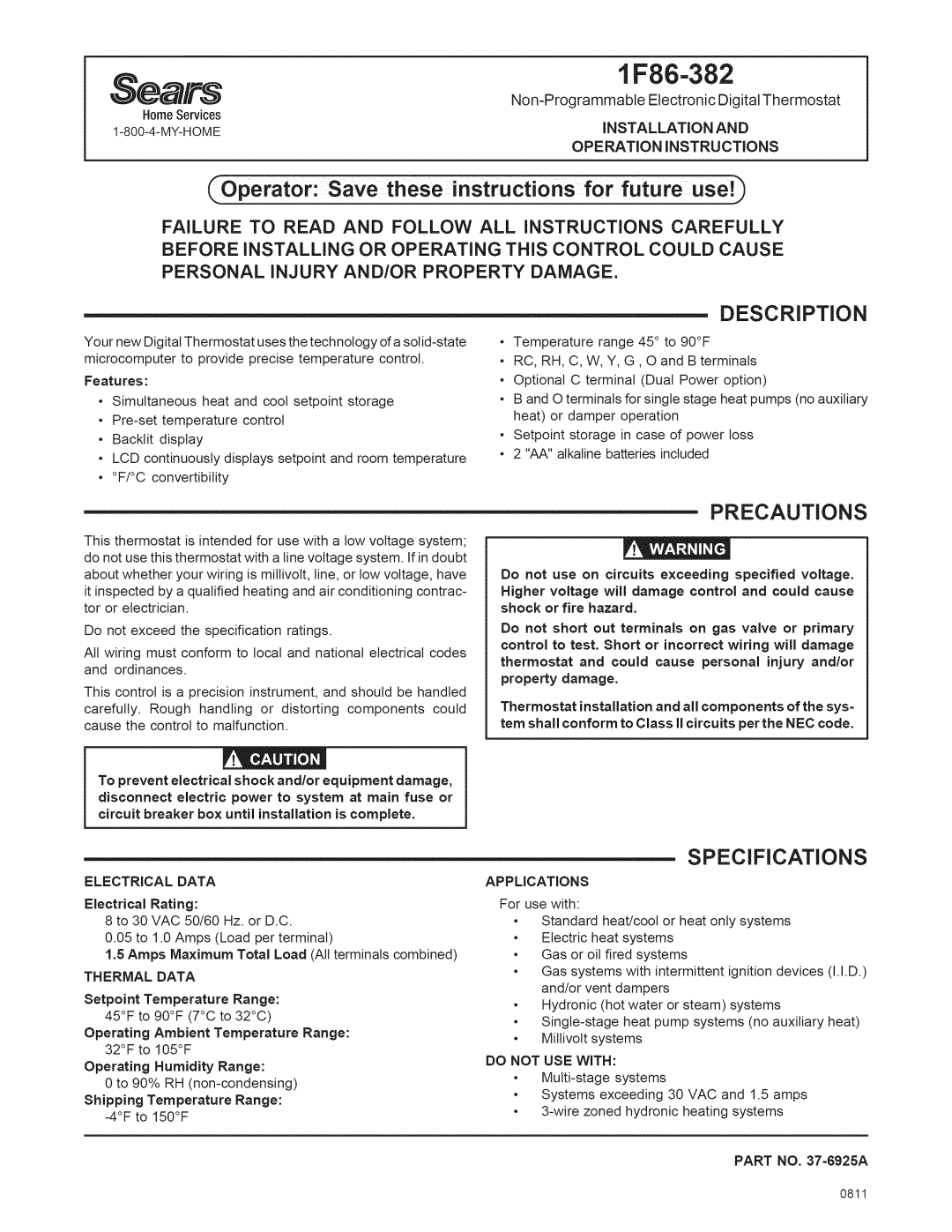 Sears 1F86-382 specifications hese, instructions for fu, DESCRiPTiON, Precautions, Specifications, Seal 