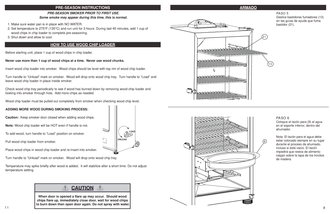 Sears 20070211 manual PRE-SEASON Instructions, HOW to USE Wood Chip Loader, Adding More Wood During Smoking Process 