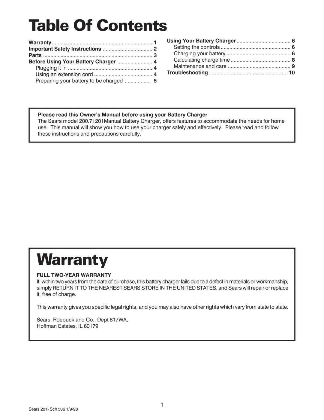 Sears 200.71201 owner manual Table Of Contents, Warranty 