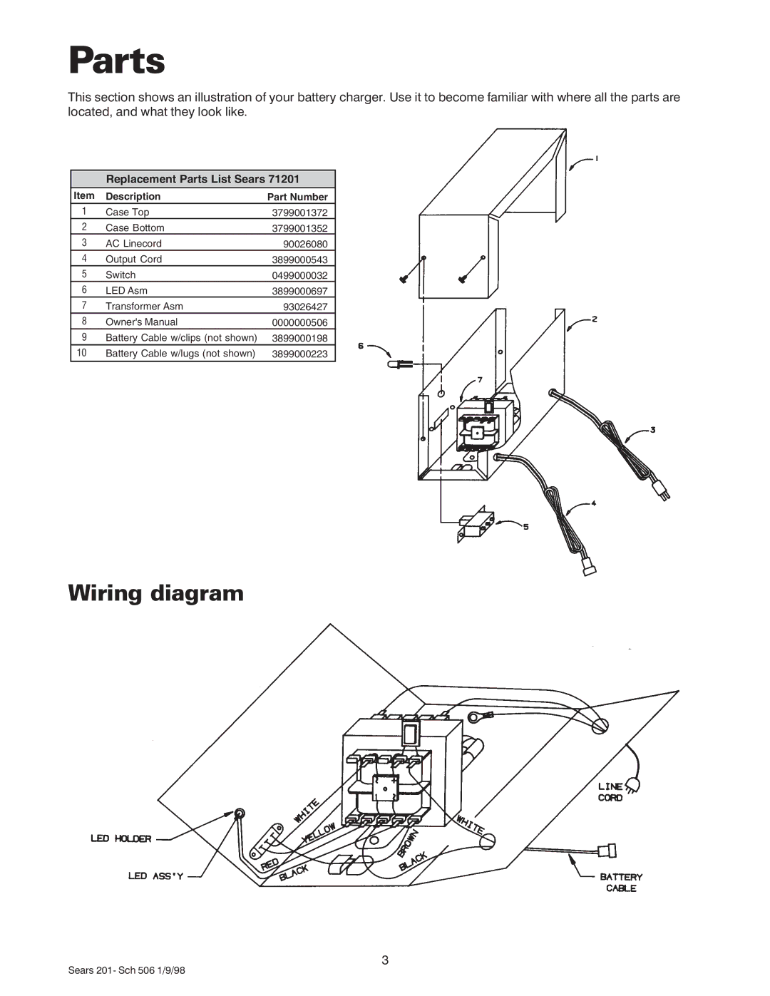 Sears 200.71201 owner manual Parts, Wiring diagram 