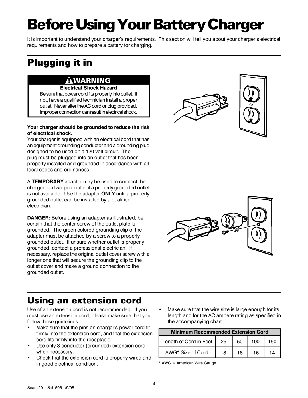 Sears 200.71201 owner manual BeforeUsingYourBatteryCharger, Plugging it, Using an extension cord 