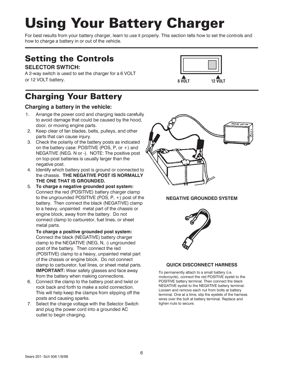 Sears 200.71201 Using Your Battery Charger, Setting the Controls, Charging Your Battery, Charging a battery in the vehicle 