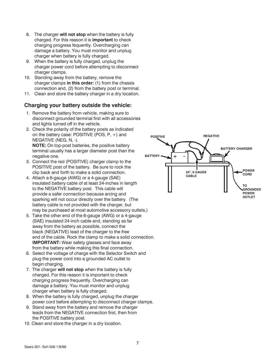 Sears 200.71201 owner manual Charging your battery outside the vehicle, Negative NEG, N 