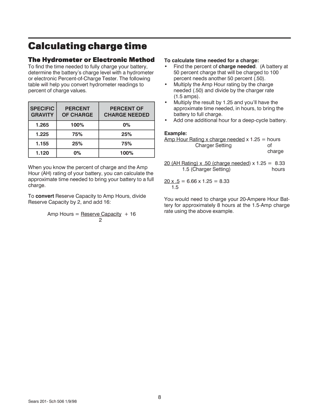 Sears 200.71201 Calculating charge time, Hydrometer or Electronic Method, Specific Percent Gravity Charge Charge Needed 