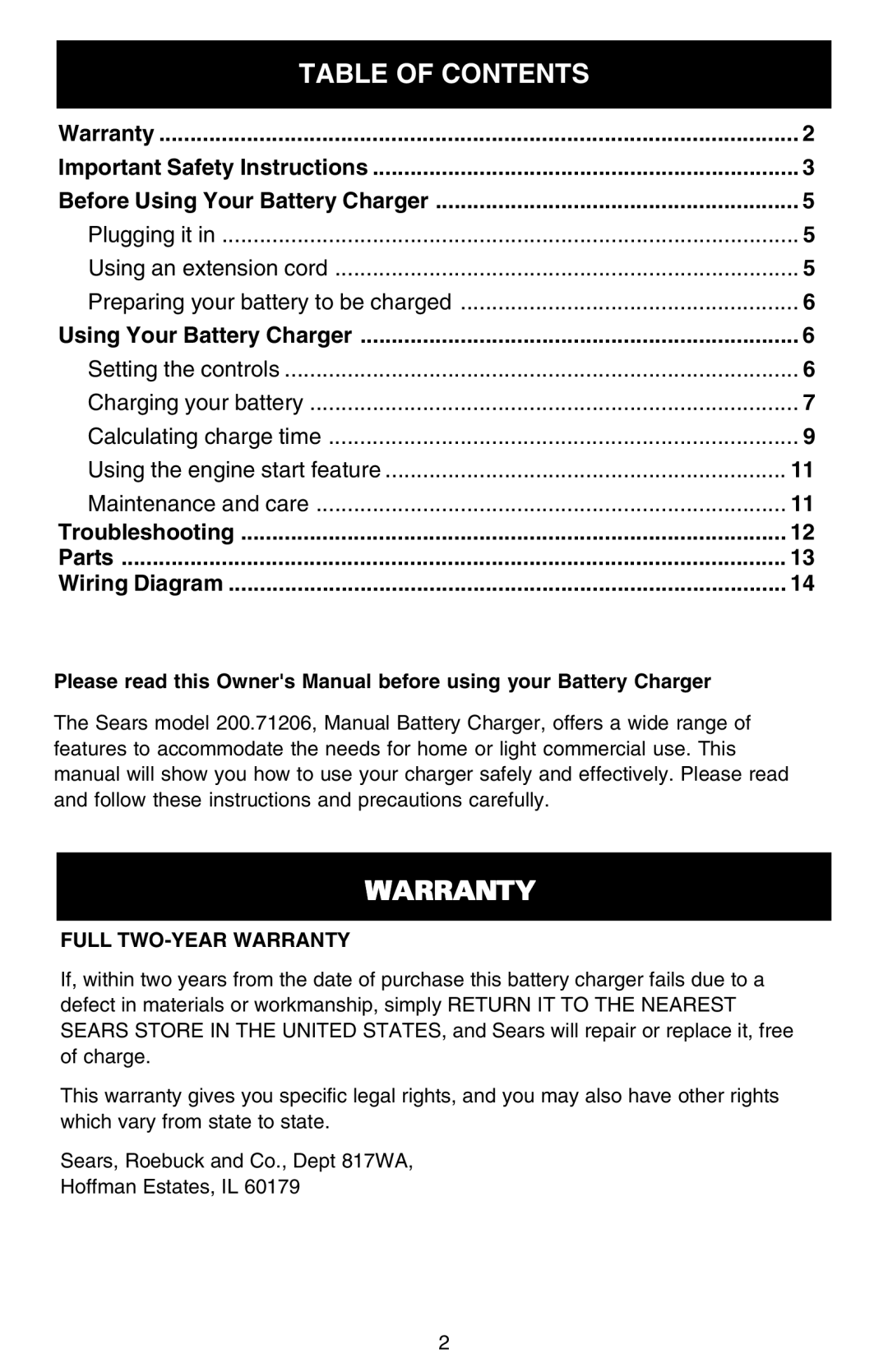 Sears 200.71206 owner manual Full TWO-YEAR Warranty 