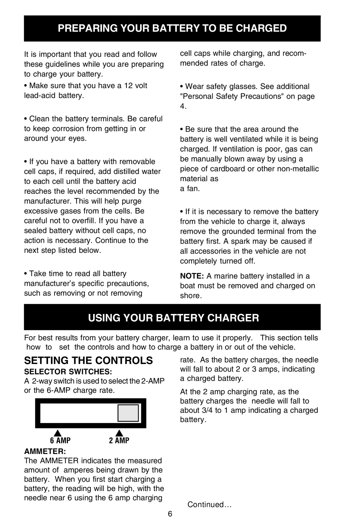 Sears 200.71206 owner manual Using Your Battery Charger, Setting the Controls, Selector Switches, Amp, Ammeter 