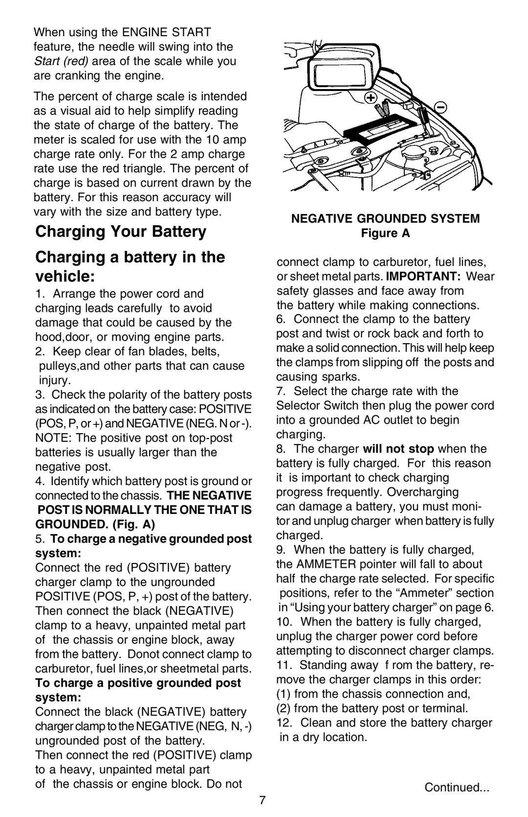 Sears 200.71206 Charging Your Battery Charging a battery in the vehicle, Safety Operation, Negative Grounded System 