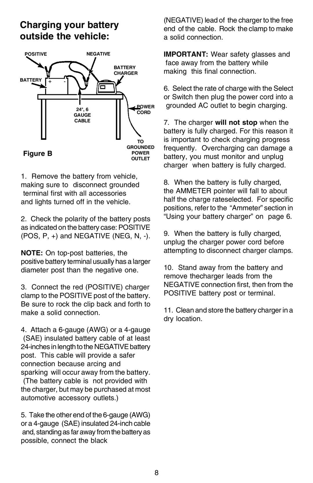 Sears 200.71206 owner manual Charging your battery outside the vehicle, Troubleshooting Maintenance Operation Parts 